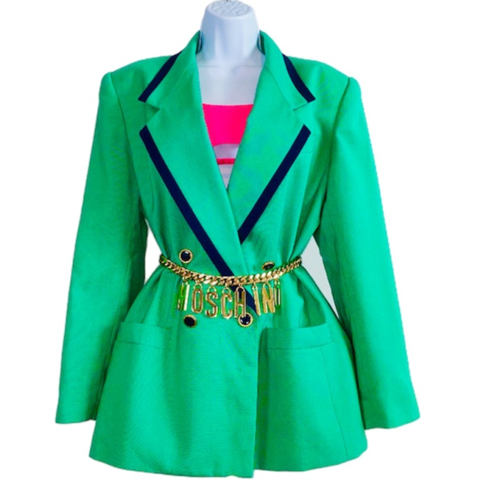 Great Kelly Green & Navy Blue Detail Double Breasted Versatile Wear Blazer